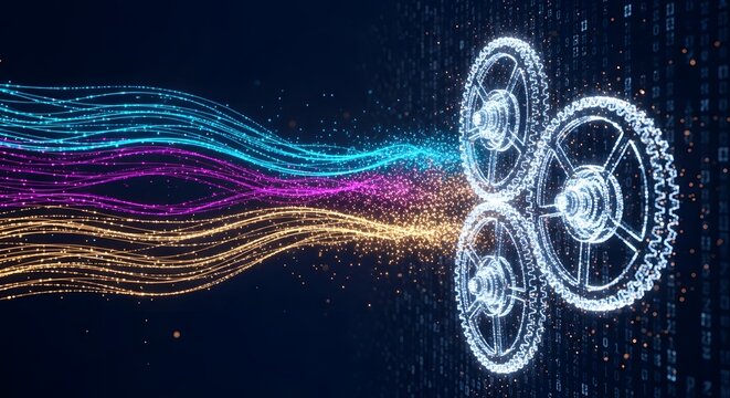 Digital gear with flowing light line and binary code