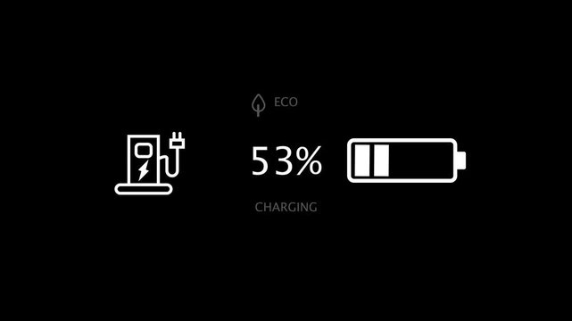 Electric vehicle station charging battery from zero to 100 percent on black background