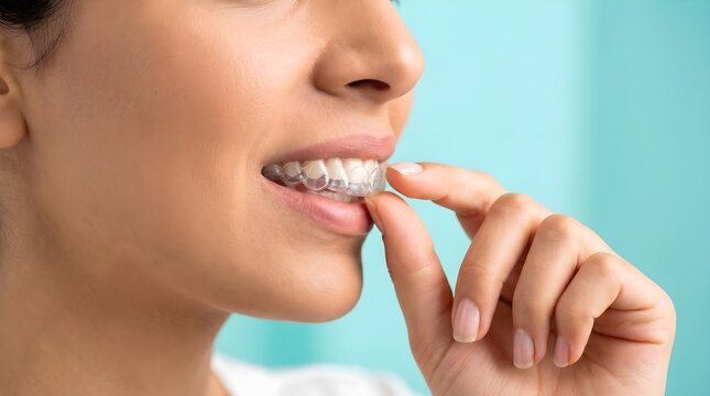 Close-up of a woman in profile carefully adjusting a clear dental aligner for teeth straightening, showcasing modern orthodontic treatment.