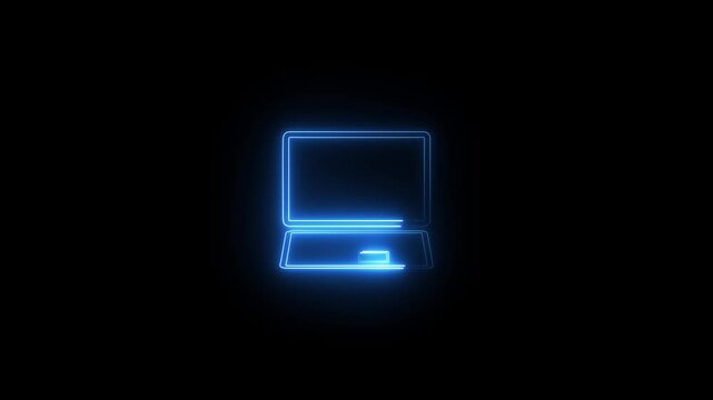 Glowing neon blue laptop outline icon on black background