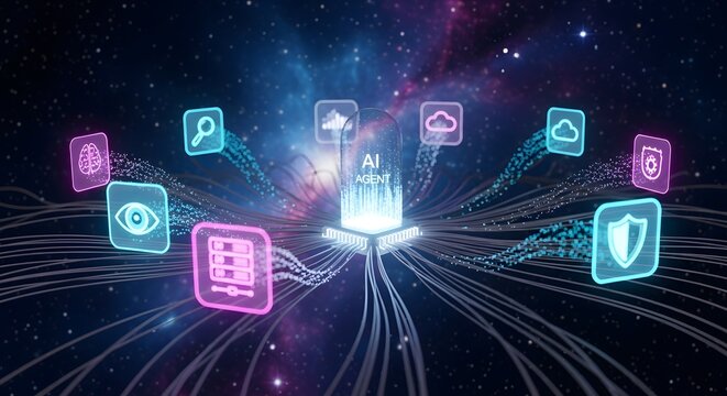 AI agent with connecting digital technology icons and data streams