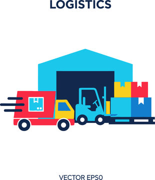 Logistics and Transportation Illustration - Truck, Forklift, and Warehouse.
