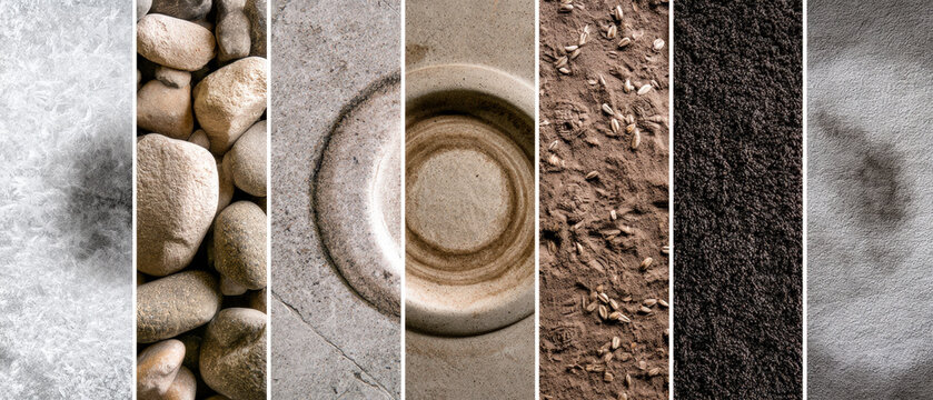 Vertical Natural Material Samples With Pebbles Clay Stone and Textured Surfaces