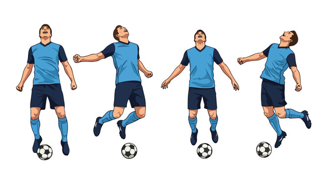 Soccer player kicking ball in four different motion sequence steps