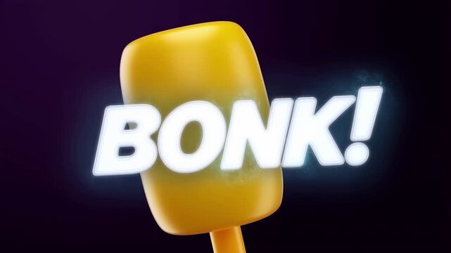 Cartoon style slow motion animation of glowing mallet hitting sparkling bonk text with pop up effect and bright colors for fun visuals