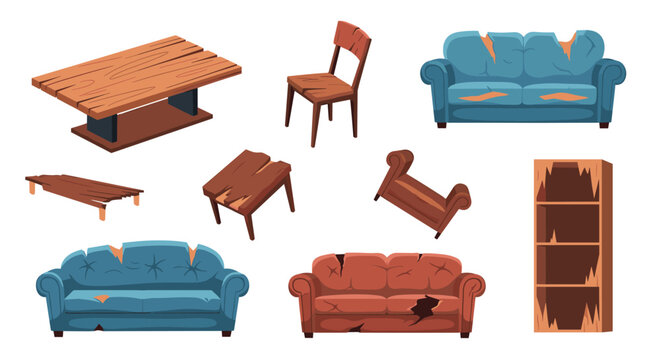 Collection of various broken and damaged furniture items including ripped sofas, cracked chairs, and splintered wooden tables and shelves.