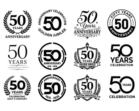 Set of 50th anniversary celebration emblems, golden jubilee logos, 50 years birthday badges, vector design elements