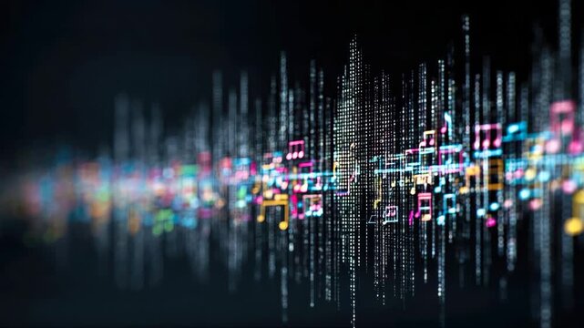 Colorful sound wave visualization with musical notes and digital patterns flowing across a dark background, creating a dynamic audio representation in a continuous sequence