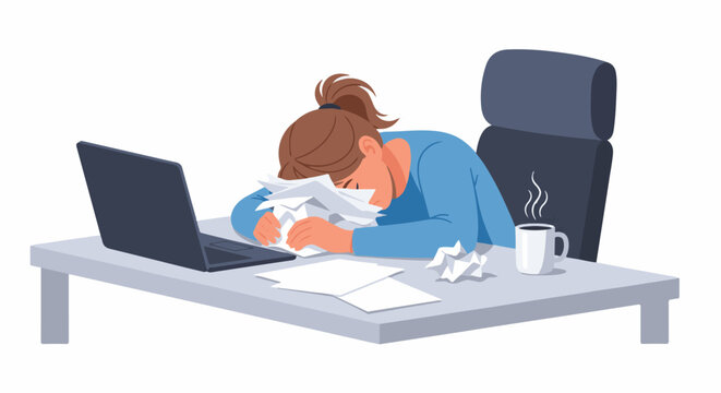 Overwhelmed person collapses on desk amidst papers, laptop, and coffee