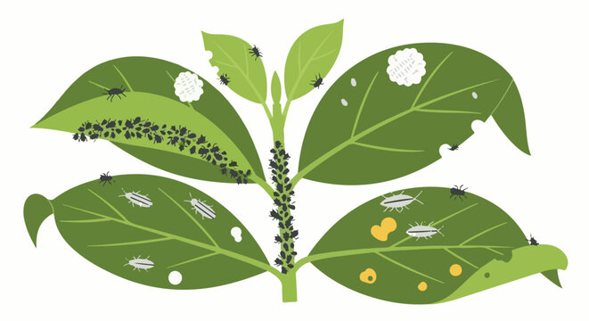 Tiny pests infest a vibrant green plant, chewing leaves and clustering on stems