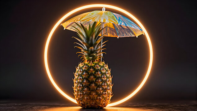 Tropical Pineapple with Neon Glow: A whole, ripe pineapple stands centered, adorned with a festive cocktail umbrella, set against a dark background with a striking, glowing neon orange circle.