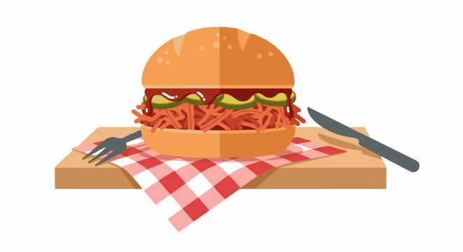 A delicious pulled pork sandwich with pickles and sauce on a checkered cloth