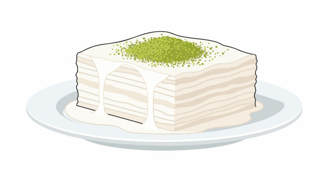 A layered dessert with white cream and green nut topping sits on a plate
