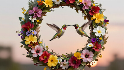 Obraz premium Two Hummingbirds Kissing in a Wreath of Flowers