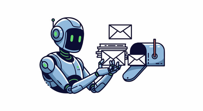 A blue and green robot handles mail next to an open mailbox with envelopes