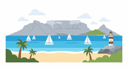 Obraz premium A serene coastal scene with sailboats, palm trees, mountains, and a lighthouse
