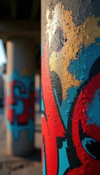 Close-up photo shows graffiti art on pillar. Red blue and gold paint on concrete surface. Urban street art texture detail. Building exterior with vibrant colors.