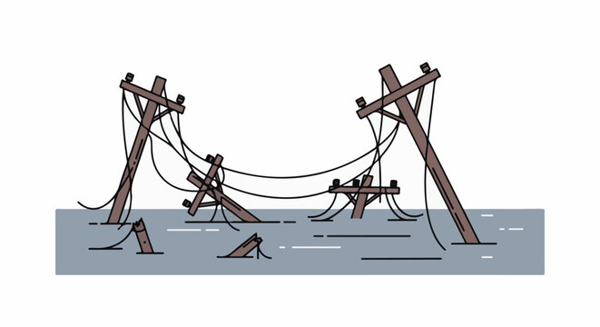 Damaged utility poles submerged in water, wires hanging loosely