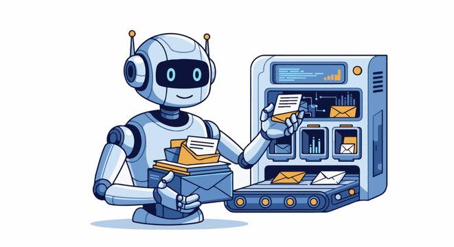A friendly robot sorts and processes envelopes on a conveyor belt next to a futuristic machine