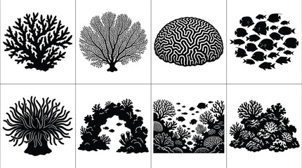 Coral Reef and Marine Life Silhouette Set with Brain Coral Sea Fan School of Tropical Fish and Underwater Anemone Scenes Vector Illustration © Nurjahan