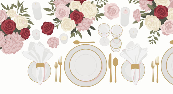 Elegant table setting with floral arrangement, candles, and place settings