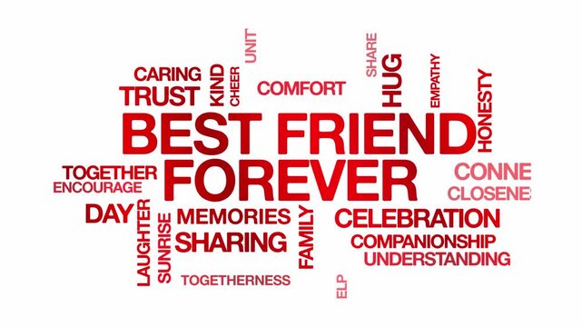 Best friend forever BFF concept Animated Tag Word Cloud kinetic typography, Text Design Animation typography seamless loop video motion graphics Intro Wordart arrangement red type on white background 