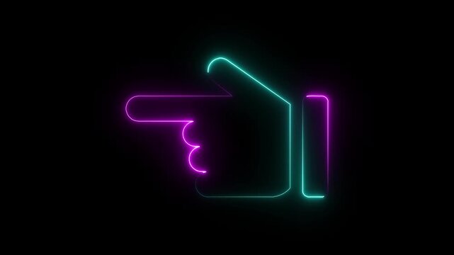 Neon glowing hand pointer animation, pulsing cyan and magenta directional sign for digital ui and web