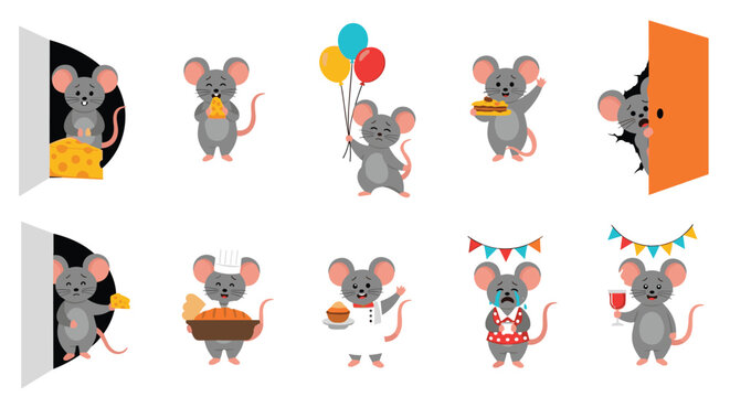Diverse collection of cute cartoon mice in various activities like eating cheese, crying, and baking a delicious pie.