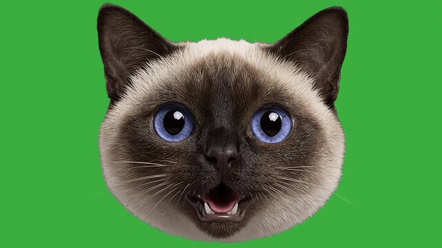 Background animation of cute cat head talking and meowing on green screen background