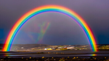 Naklejka premium Vibrant Rainbow Over Landscape: A breathtaking full rainbow arcs across a twilight sky, casting its colorful glow over a distant town and tranquil water body.