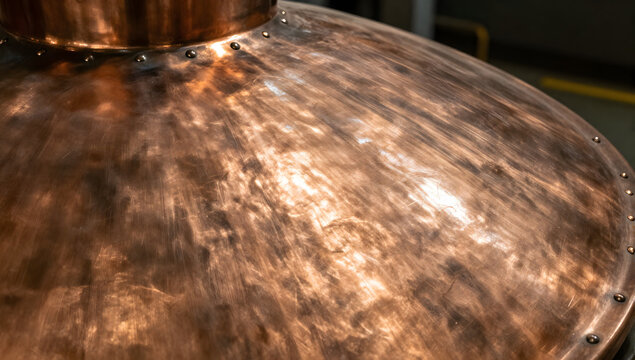 Copper Still Detail: A close-up shot highlights the textured, shimmering surface of a copper still, reflecting light and revealing the intricate details of its construction.