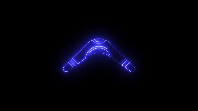 Glowing neon boomerang animation, pulsing blue light effect on black background, for modern digital, and tech interface