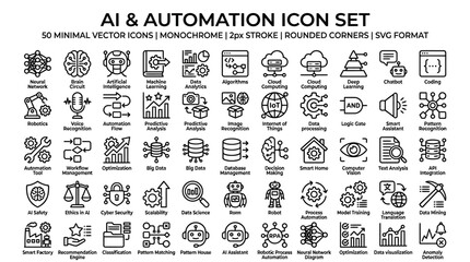 Obraz premium AI and Automation Icon Set 50 Monochrome Vector Icons for Digital Innovation and Technology