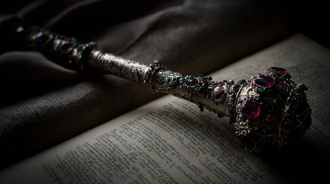 inlaid. An ornate scepter and an old manuscript on dark cloth. event programs, museum guides, designed for cultural heritage projects and event programs, elevates cultural identity.