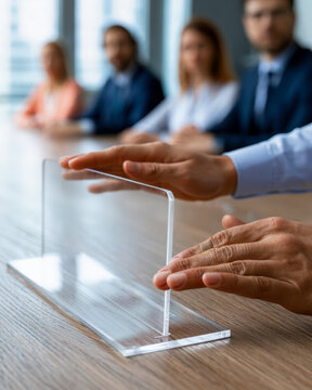 Hands Positioning Transparent Acrylic Sign Mockup in Meeting Room