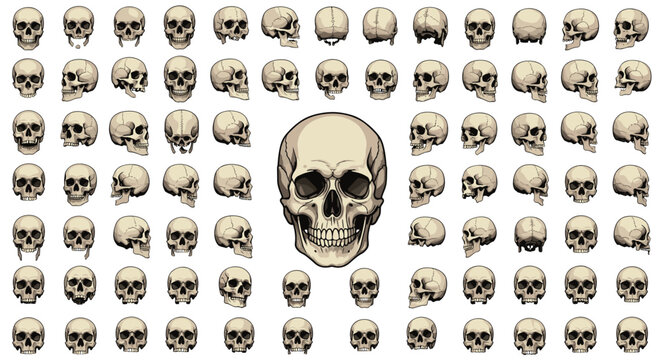 Grid of numerous human skull illustrations showing different perspectives and jaw positions with one large central skull.