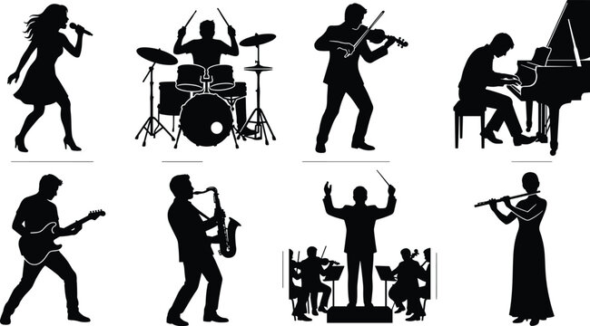Musician and Band Silhouette Icon Set with Singer Drummer Violinist Pianist Guitarist Saxophonist and Orchestra Conductor Vector Illustration