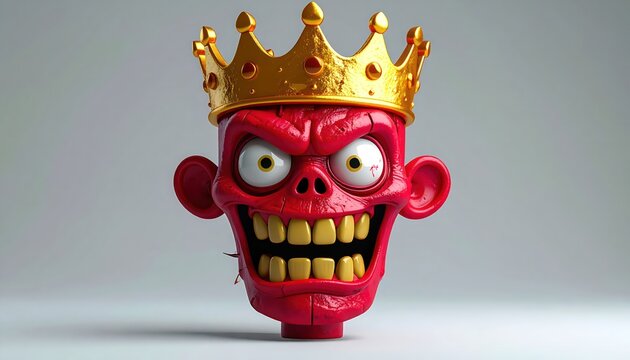 Cartoonish Red Demon Head with Golden Crown, Grinning and Spooky, 3D Render.