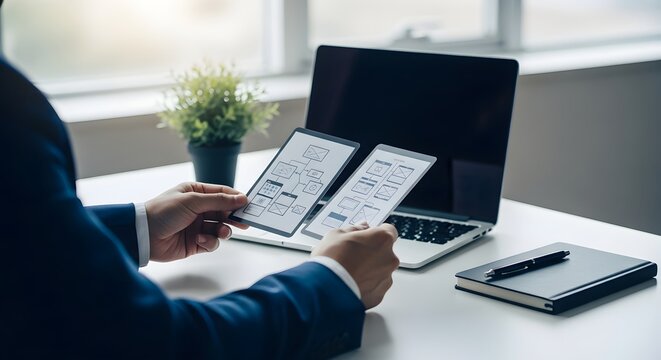 Person holding digital interface design prototypes