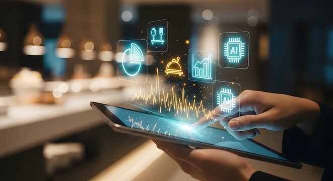 Person interacting with digital food service data on tablet