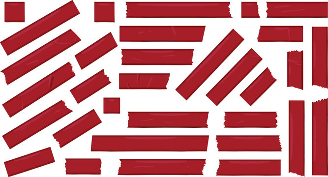 Red Adhesive Tape Vector Set Featuring Torn Washi Tape Strips, Sticky Masking Paper Ribbons, Wrinkled Adhesive Pieces, and Scrapbook Texture Elements Collection