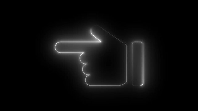 Glowing neon hand pointer animation, minimalist directional sign for digital interface and ui gesture