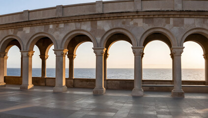 Fototapeta premium Coastal Promenade Archway: An elegant stone archway with a series of classical columns frames a breathtaking view of the tranquil sea and a soft, pastel sky at sunset.
