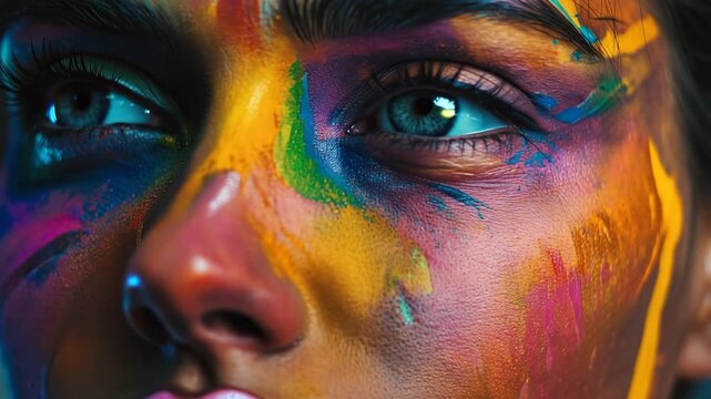 Creative woman with colorful face paint opening her expressive blue eyes in a dramatic close-up, revealing her intense and artistic soul while looking at the camera