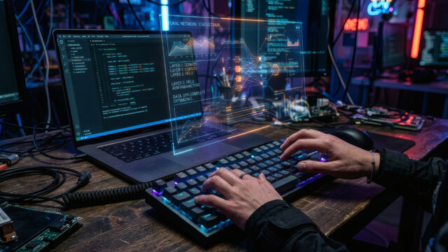 Software Developer Coding with AI Powered Programming Interface in Futuristic Cyber Technology Workspace