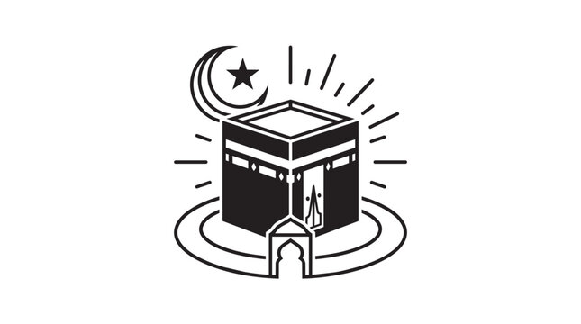 Islamic Kaaba Symbol Crescent Moon Star Religious Icon.