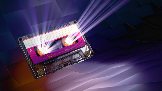 Vintage Audio Cassette Tape with Rays of Light. 3D illustration