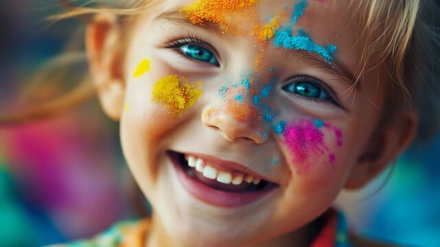 Joyful little girl with colorful face paint smiling during holi festival. Happy child with bright blue eyes covered in colored powder celebrating and looking at camera