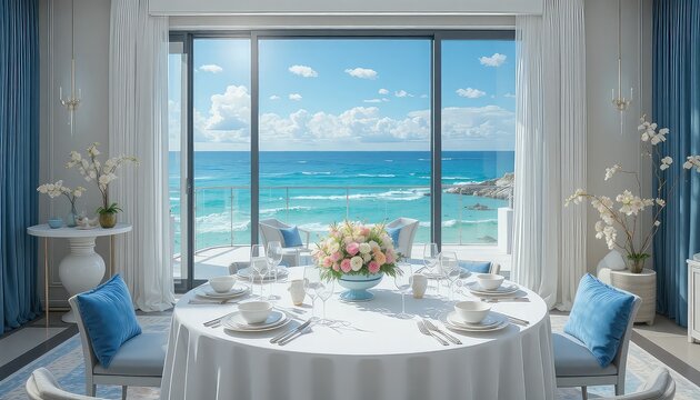Luxury oceanfront suite, beautifully arranged first date table near expansive glass window overlooking turquoise sea