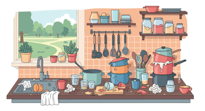 Extremely messy kitchen counter is piled high with dirty dishes, pots, and food stains needing a thorough cleaning and tidying.